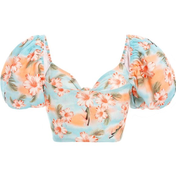 Agua Bendita Bailee Luau Crop Top Floral Hawaiian Print Puff Sleeve Size S NWT - Picture 2 of 6